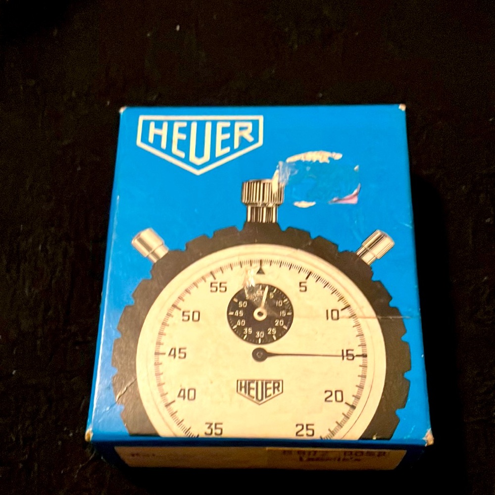 HEUER vintage Trackmaster Blue Stop Watch, in original box, working, excellent